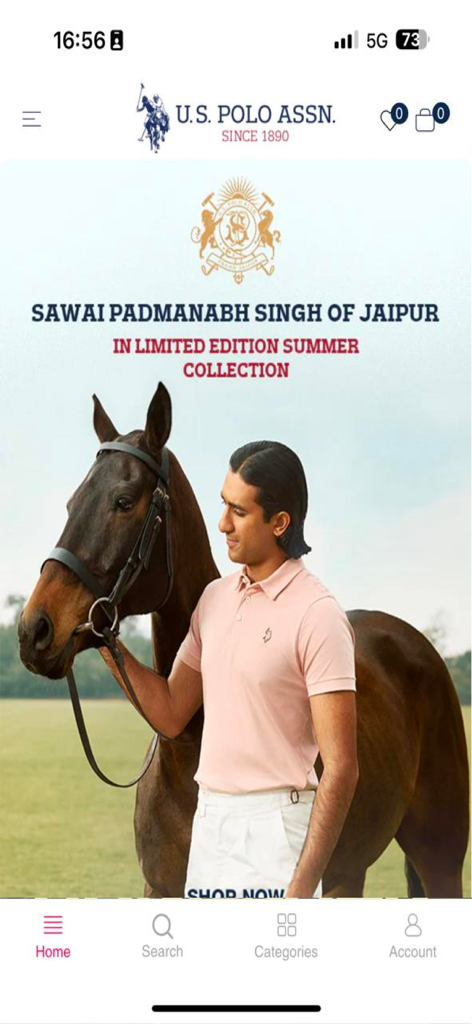 U.S. Polo Assn. - U.S. Polo Assn. mobile app home screen featuring a summer fashion collection banner with a man in a polo shirt next to a horse.