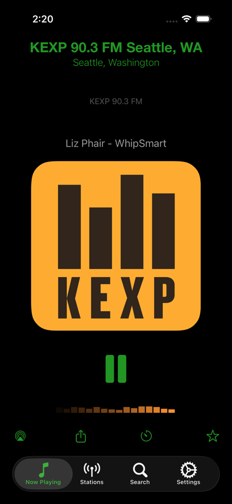 FrogRadio app now playing screen showing KEXP 90.3 FM Seattle station and song details