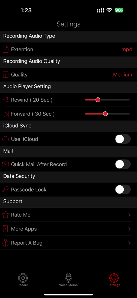 HD Recorder Pro : Voice Editor - Settings screen of the HD Recorder Pro app showing audio quality and security options
