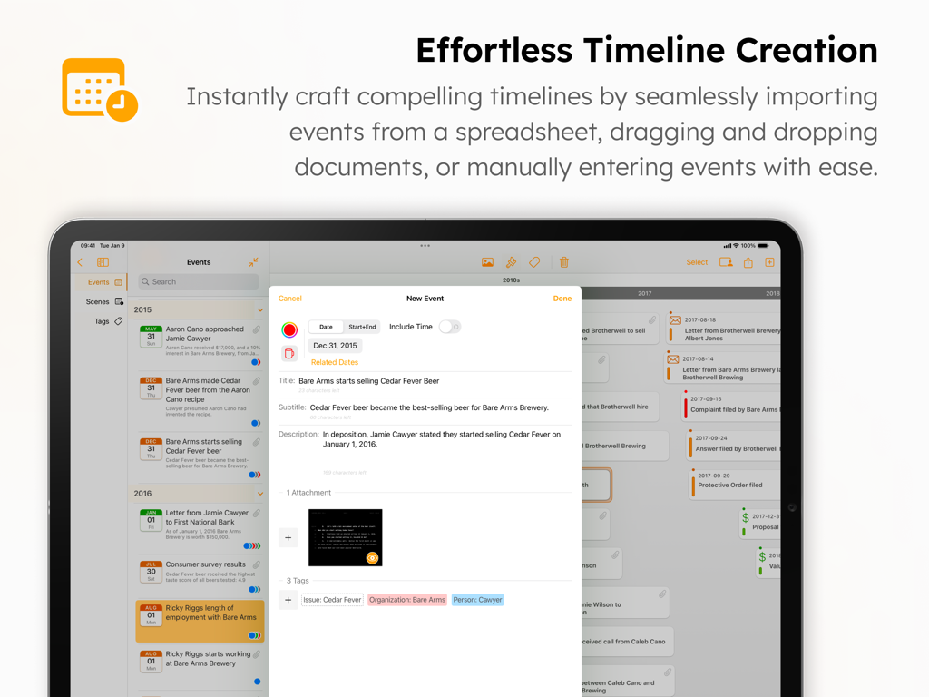 TimelinePad - Create Timelines - TimelinePad app screenshot showing the interface for creating and managing legal timeline events on an iPad