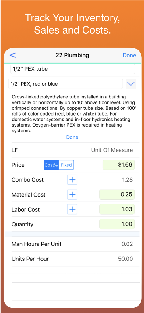 Inventory and cost tracking screen for plumbing parts and labor