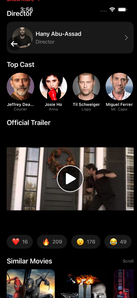 FlixPlay app interface displaying movie details, top cast, and official trailer.