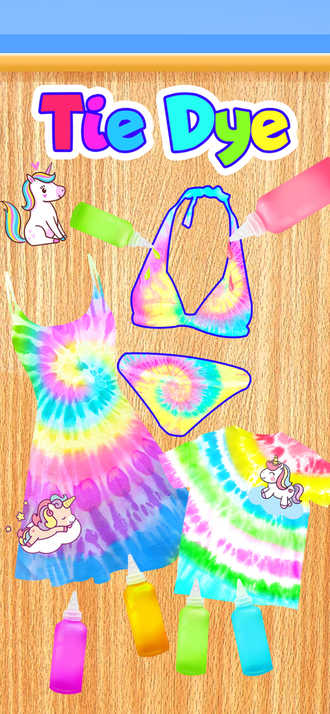 Tie Dye Simulator - Una colorida exhibición de ropa tie dye y botellas de tinte en Tie Dye Simulator