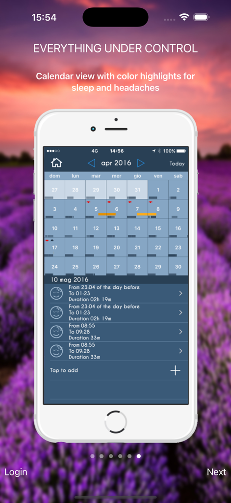 Calendar view of HeadApp Migraine Diary showing color highlights for sleep and headaches