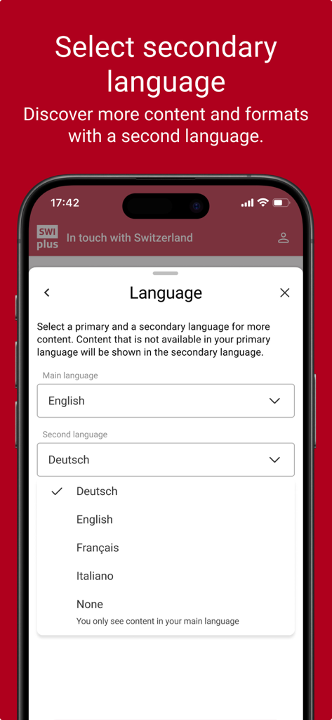 Interface of the SWIplus app showing options to select a primary and secondary language for Swiss news content