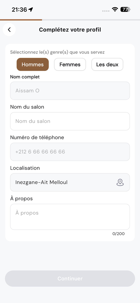 Stylist profile setup screen on the Yada Coiffure mobile app
