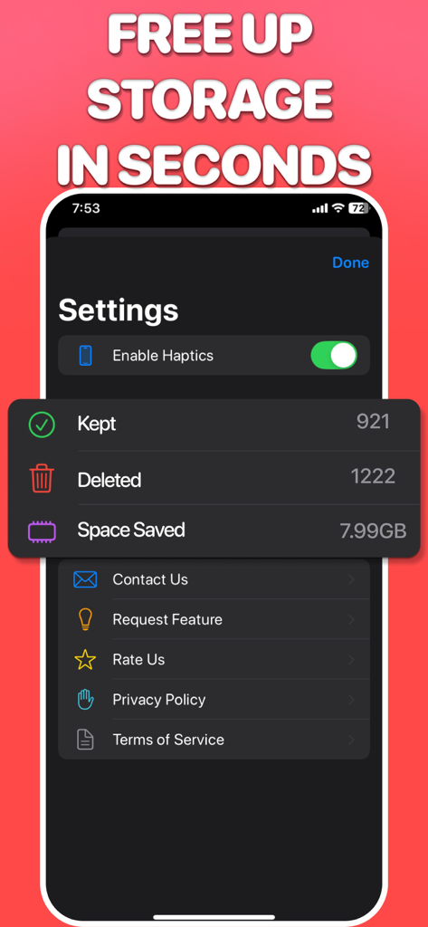 Clean out camera roll-SwipeRol - SwipeRol app settings screen showing stats for photos kept deleted and total space saved
