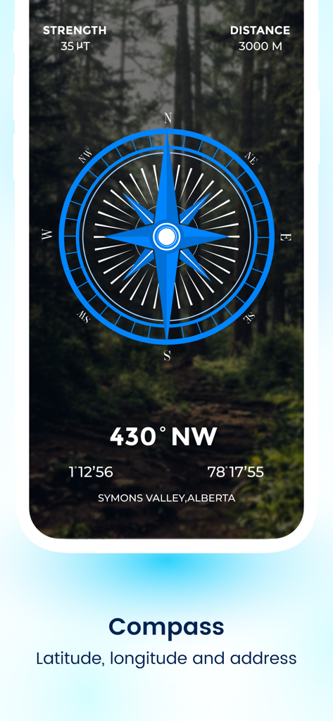 Digital compass screen showing latitude, longitude, and address for land surveying