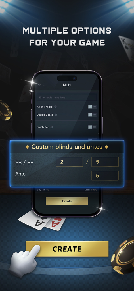 Impostazioni personalizzate di blinds e antes sull'app mobile PokerMan