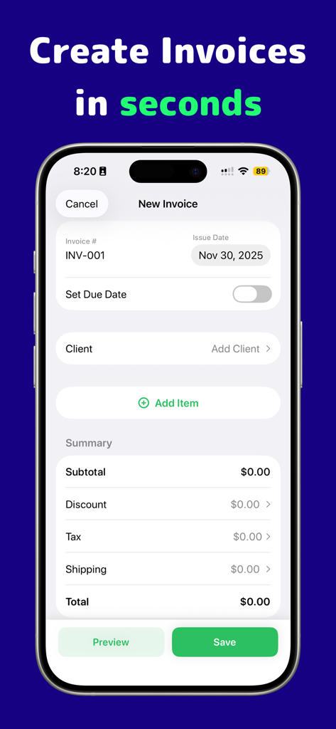 Mobile app interface for creating a new invoice with fields for client details and billing summary