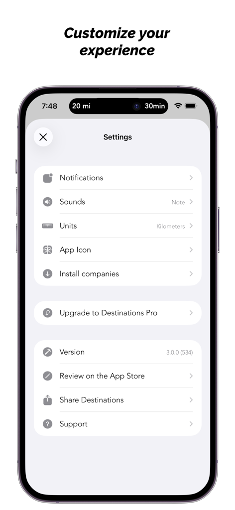 Menu delle impostazioni dell'app FlixTrain Destinations che mostra le opzioni di personalizzazione per notifiche e suoni
