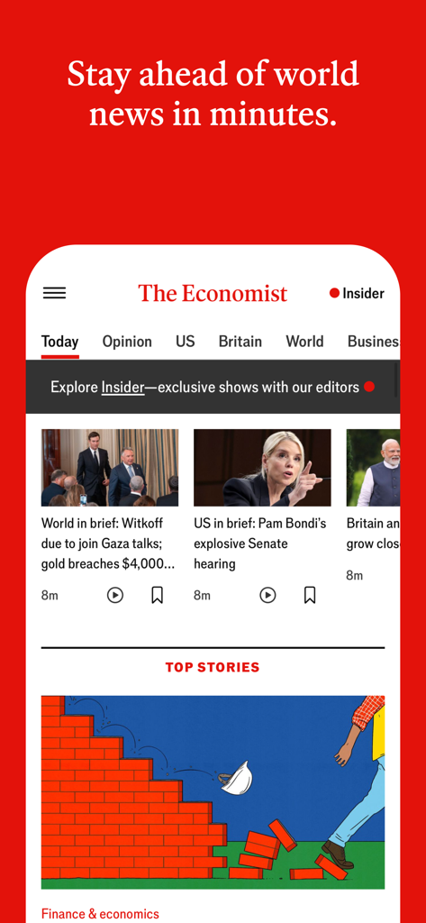 The Economist mobile app interface showing world news updates and the Today news feed.