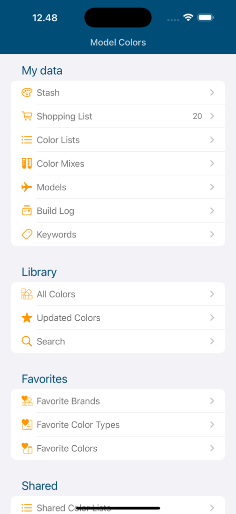 Schermata iniziale dell'app Model Colors che mostra gli strumenti per l'inventario dei colori e il tracciamento dei progetti.