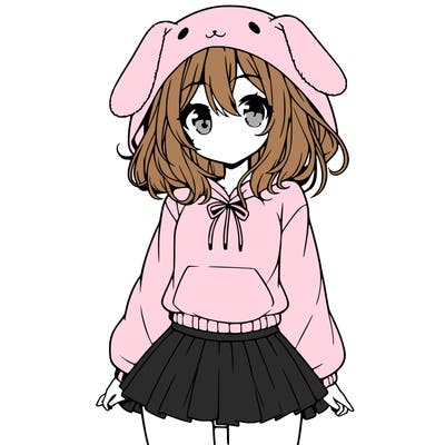pretty anime girl wearing a fluffy hoodie with bunny ears on the hood and a skirt