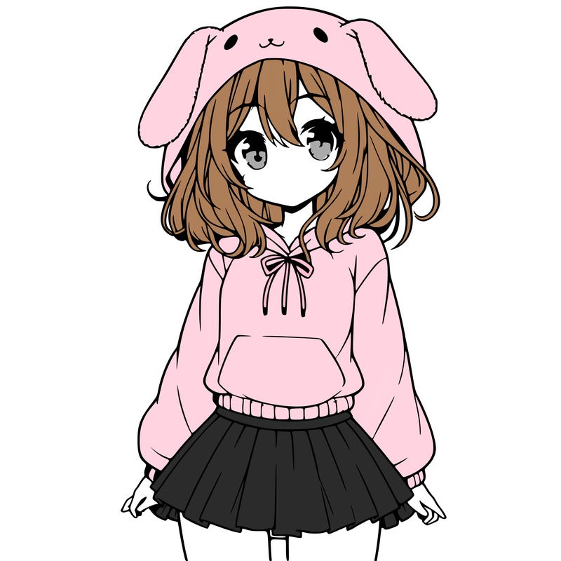 pretty anime girl wearing a fluffy hoodie with bunny ears on the hood and a skirt