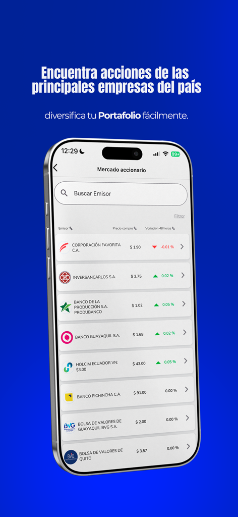 주요 에콰도르 회사 및 은행 목록과 함께 주식 시장 섹션을 표시하는 Portafolio Futuro 앱을 보여주는 iPhone 화면