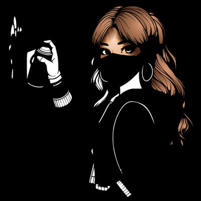 realistic girl with mask spray painting a wall