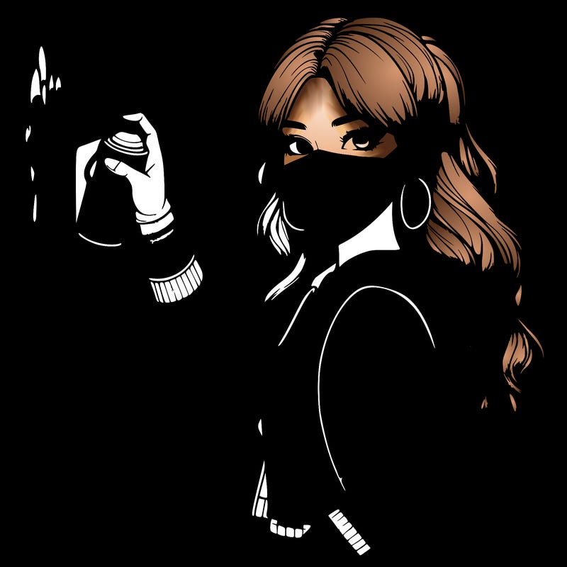 realistic girl with mask spray painting a wall