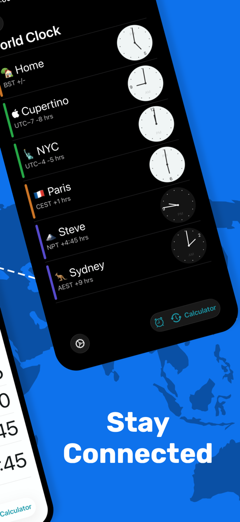 Interface of the World Clock app displaying multiple international time zones and analog clocks in dark mode