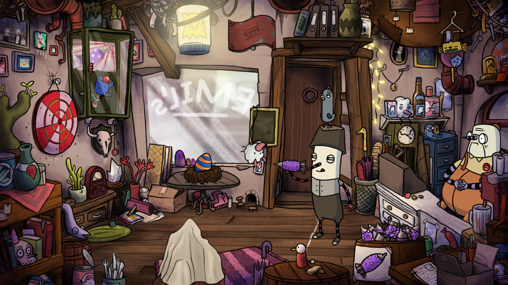 Hand drawn point and click adventure gameplay showing characters in a cluttered workshop from The Inner World 2