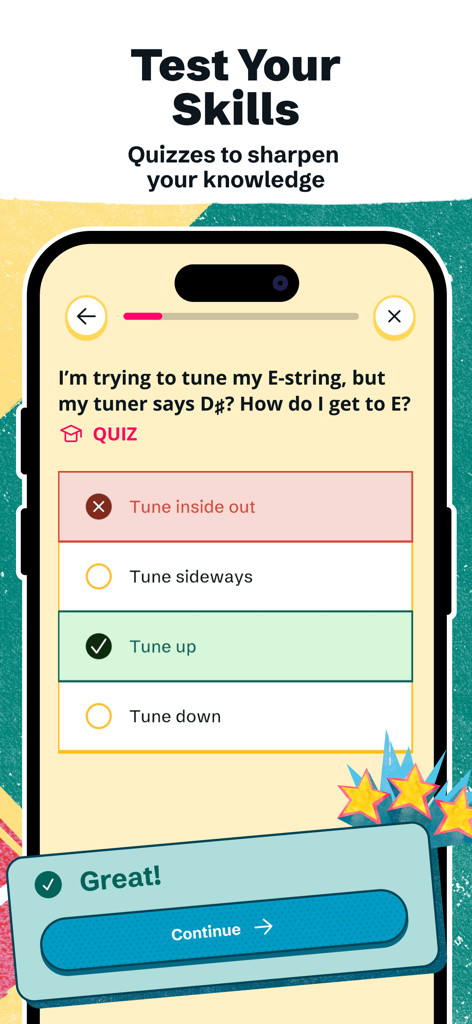 Music Theory by Justin Guitar - A mobile app screen showing a music theory quiz question about guitar tuning with a correct answer selected and positive feedback.
