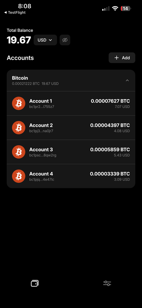 Mycelium Wallet - Interface of Mycelium Wallet on iOS showing a list of Bitcoin accounts and the total balance in USD.