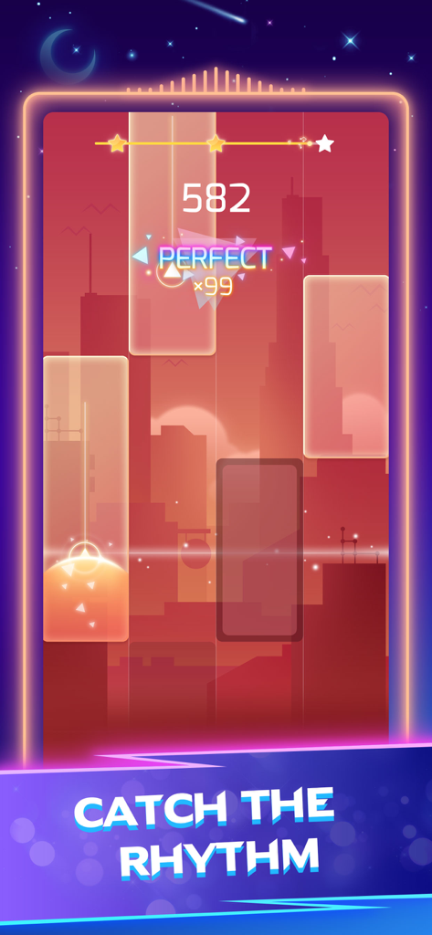 Gameplay of Piano Star rhythm game showing music tiles falling over a sunset cityscape background with a perfect score streak.
