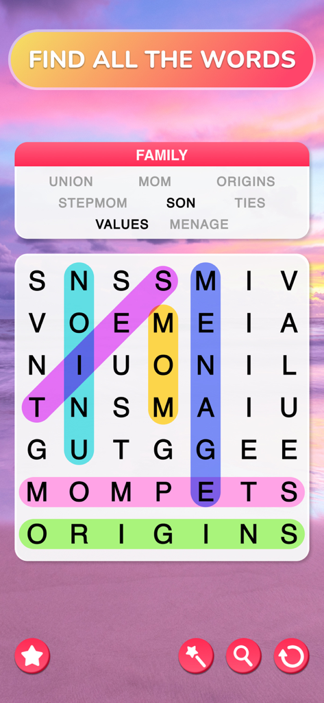 Word Search Journey - Puzzle - Word search game interface with family related words highlighted over a relaxing sunset beach background