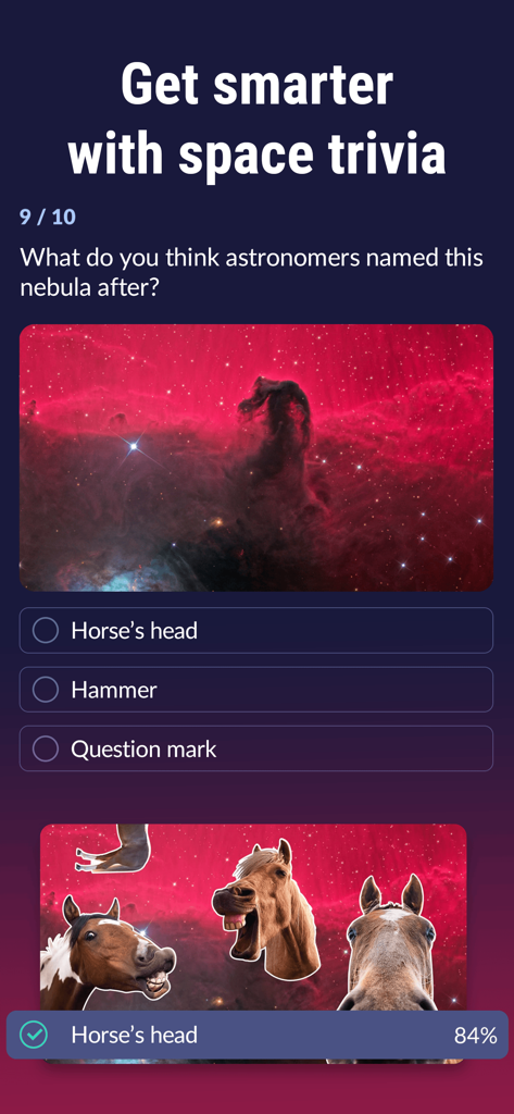 Star Walk 2 Plus space trivia quiz about identifying the Horsehead Nebula