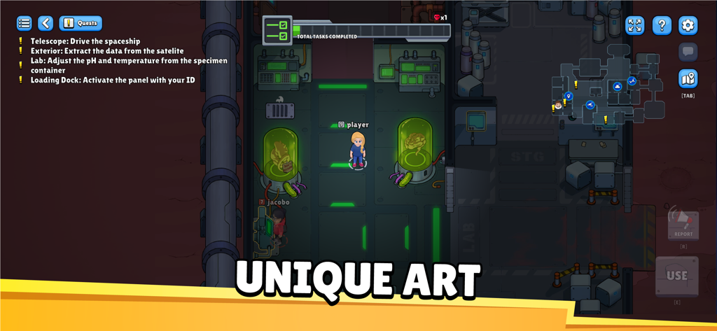 In-game screenshot of Betrayal.io showing characters performing tasks in a spaceship laboratory with a unique art style.