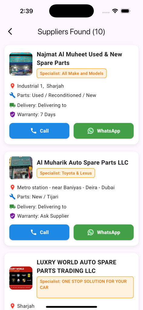 Interface mostrando uma lista de fornecedores de peças automóveis na aplicação Partfinder com opções de contacto por chamada e WhatsApp.