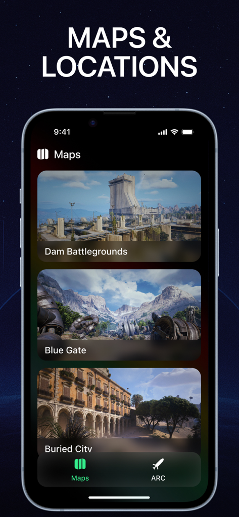 Map Raiders Arc Helper app screen showing a list of game locations including Dam Battlegrounds and Blue Gate