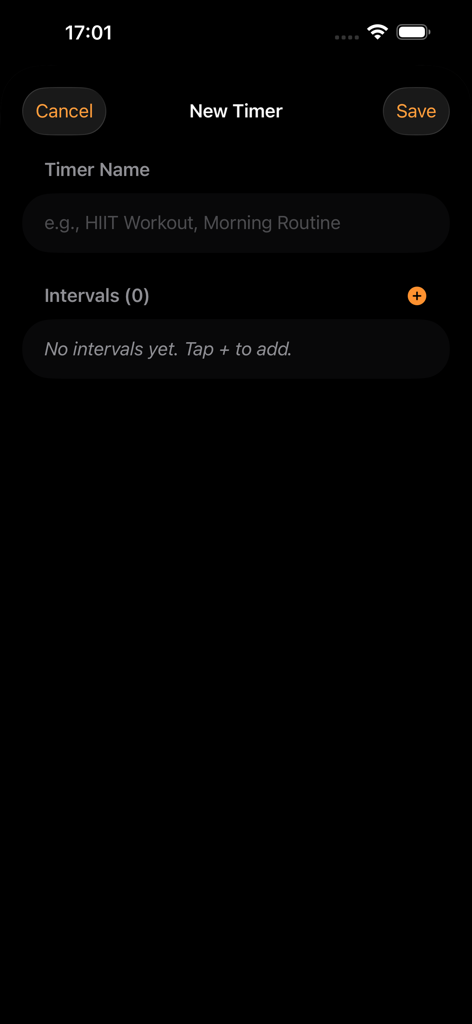 Voice interval timer - Screen for creating a new workout timer in the Voice interval timer app featuring a clean dark interface and interval settings
