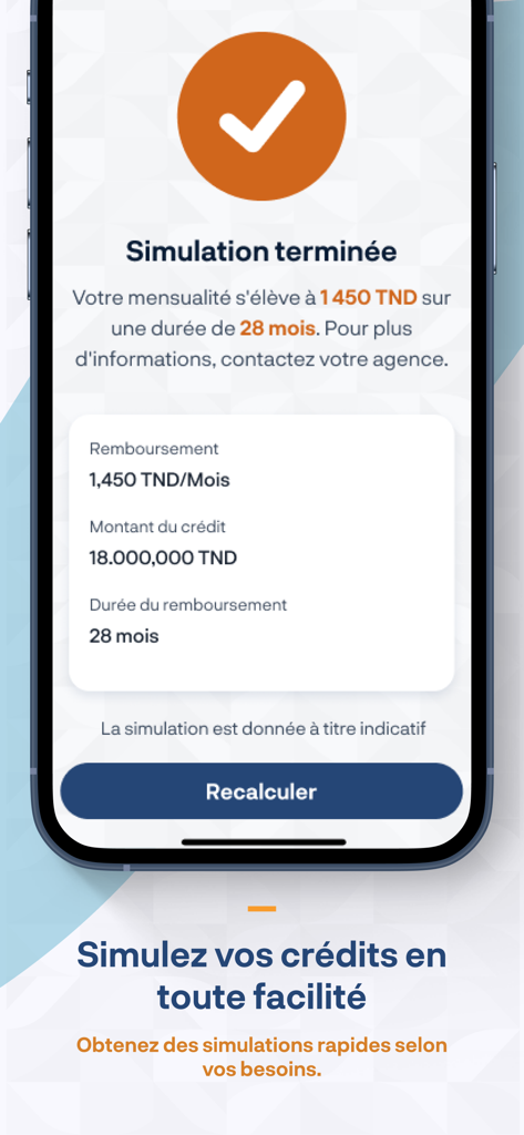 MyBIAT - MyBIAT mobile app screen showing a completed credit simulation with monthly repayment details in Tunisian Dinars