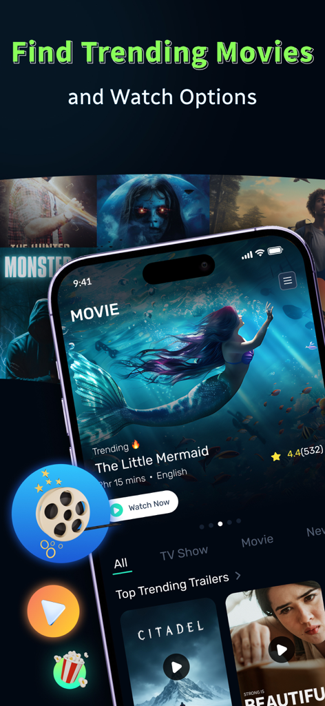 MovieBox - Movie & TV Shows - MovieBox app interface showing trending movies and trailers on a smartphone screen