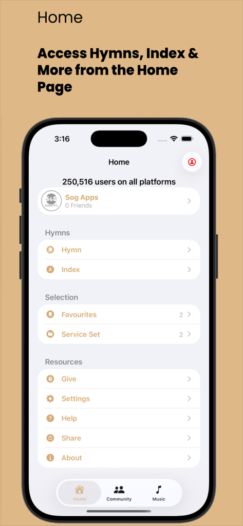 The home page of the CSHymns app featuring hymn navigation, user statistics, and resource sections.