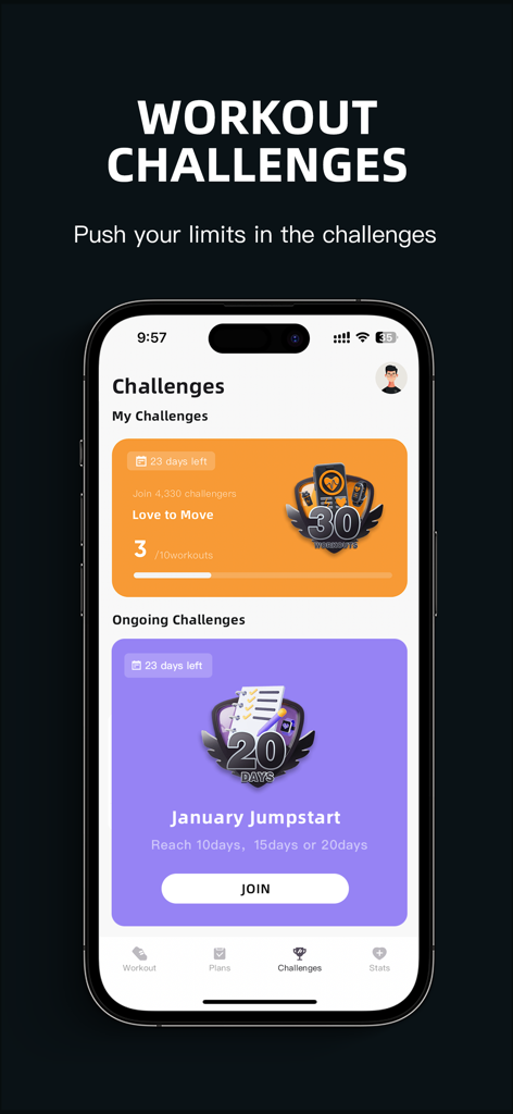 Interface of the FitShow app showing active and ongoing workout challenges