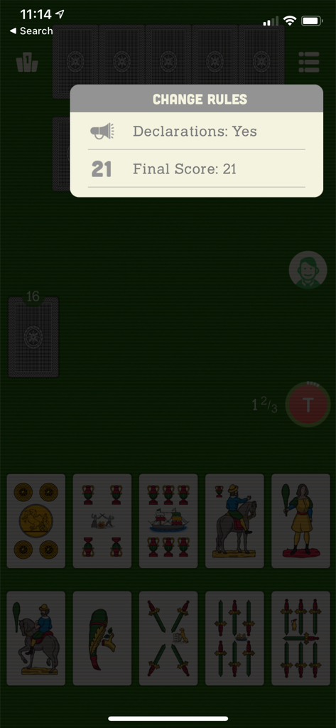 Tressette - Classic Card Games - Tressette card game screen showing options to change rules and final score