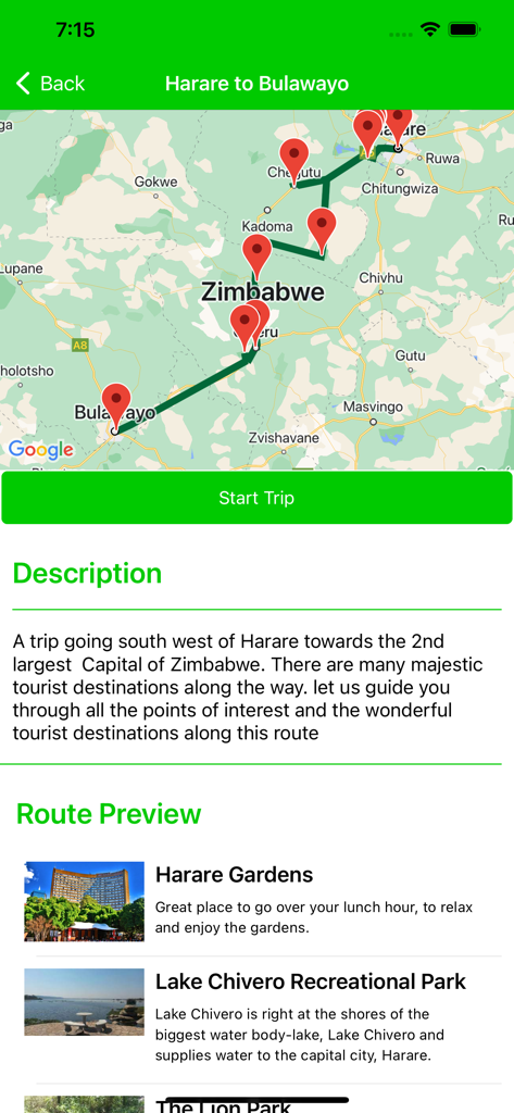 Vhakacha Visit Zimbabwe - Map showing a travel route from Harare to Bulawayo with tourist points of interest in Zimbabwe