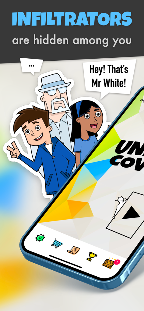 Des personnages de dessin animé jouent au jeu de déduction sociale Undercover sur un smartphone avec un infiltré caché.