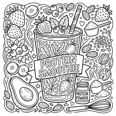 Dive into a vibrant world of health and flavor with our Protein Smoothie coloring page, designed for adults and teens. This detailed illustration captures all the delicious ingredients that make up a perfect protein-packed drink.