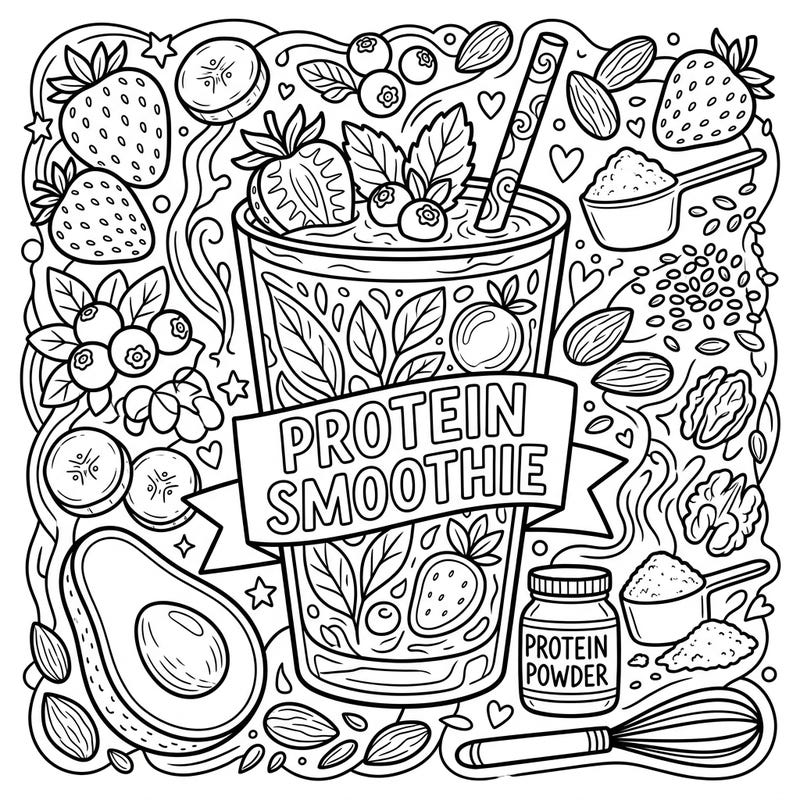 Dive into a vibrant world of health and flavor with our Protein Smoothie coloring page, designed for adults and teens. This detailed illustration captures all the delicious ingredients that make up a perfect protein-packed drink.
