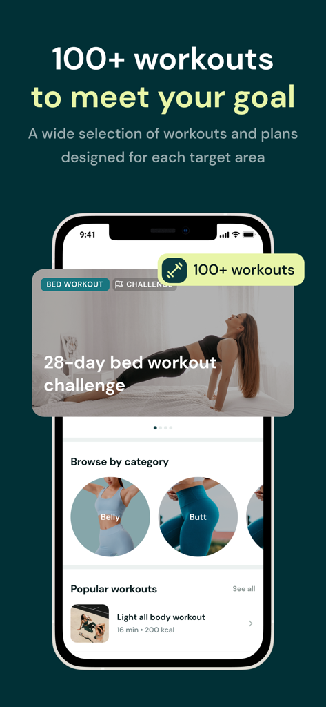 Mobile app screen showing a 28 day bed workout challenge and workout categories for belly and butt