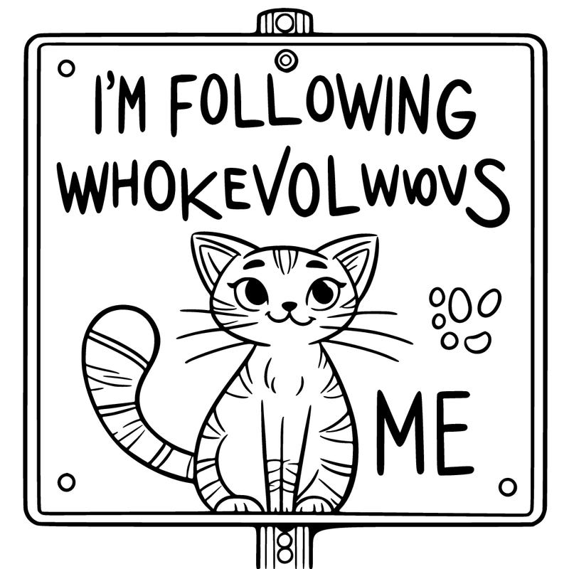 sign that says i’m following whoever follows me and cat in the backround