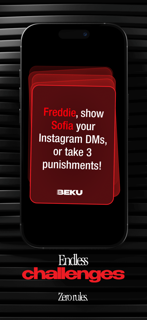 BEKU: house party game - Un telefono cellulare che visualizza una carta rossa di provocazione dall'app BEKU che chiede a un giocatore di mostrare i propri DM di Instagram o subire punizioni.