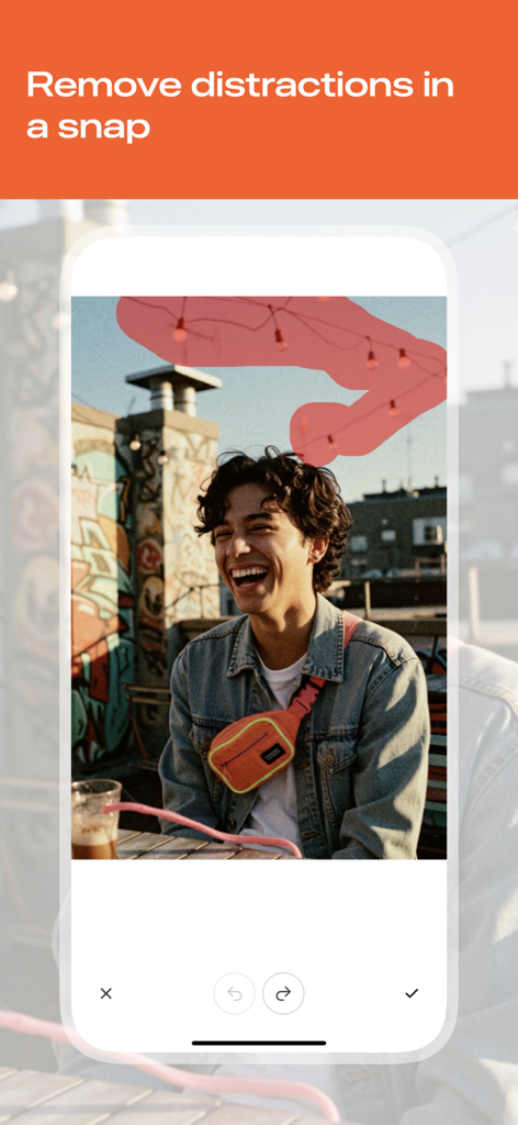 Interface do Snapseed mostrando um usuário selecionando distrações de fundo para remover com a ferramenta de cura
