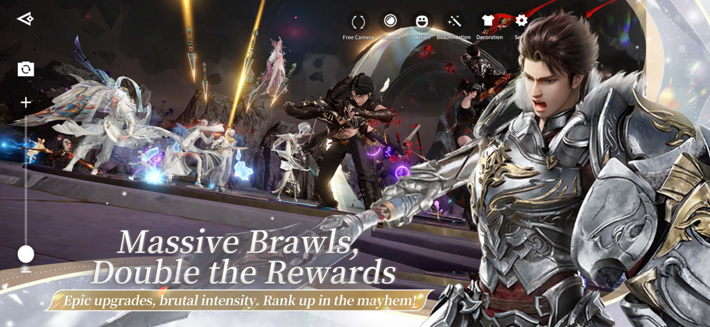 Revelation M - Una escena de batalla masiva en Revelation M con personajes con armadura de fantasía y habilidades de combate.