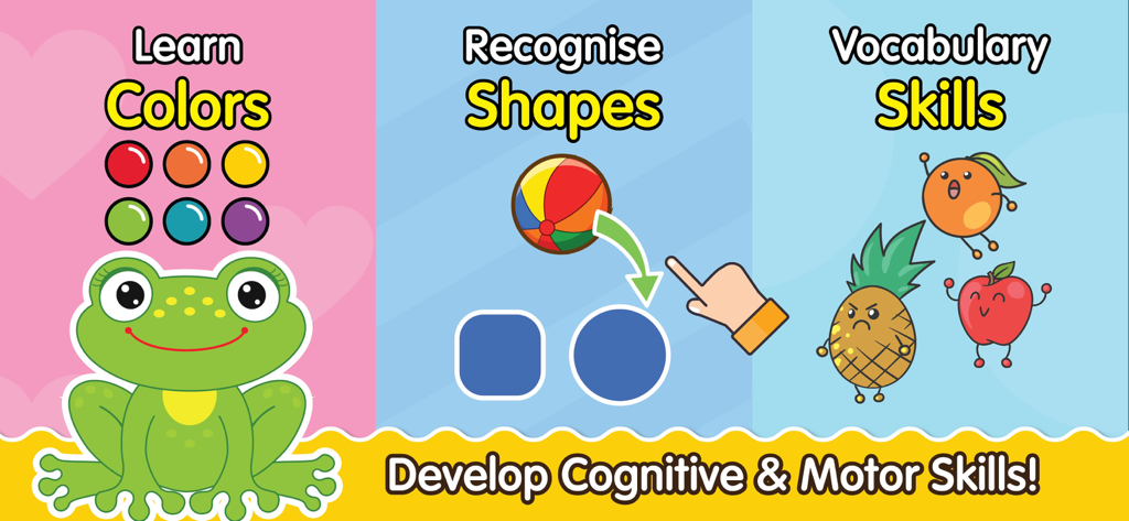 Learning Games for Kids ABC - Pantalla de aplicación educativa que muestra a niños aprendiendo colores, formas y vocabulario con personajes interactivos.