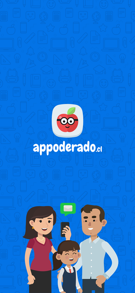 Appoderado - Appoderado app splash screen featuring a family and an apple logo on a blue background with school icons