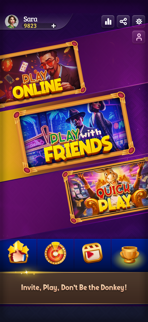 Donkey King: Online Card Game - The main menu screen of Donkey King Online Card Game featuring Play Online, Play with Friends, and Quick Play game modes.